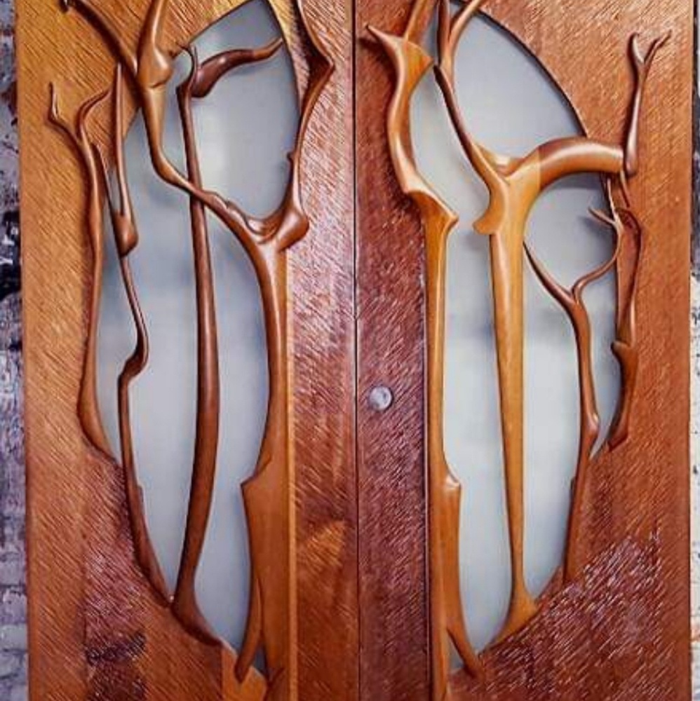 Mid-Century Custom Carved Teak French Doors